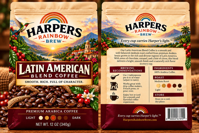 Front and back of Harper's Rainbow Brew Latin American Blend Coffee bags