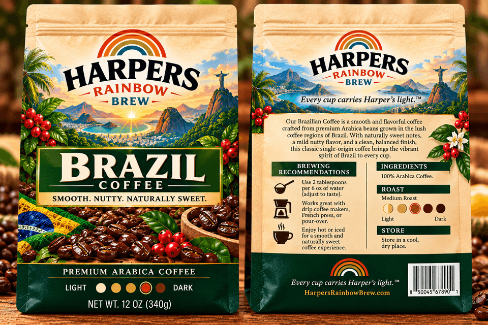 Front and back of Harper's Rainbow Brew Brazil Coffee packaging