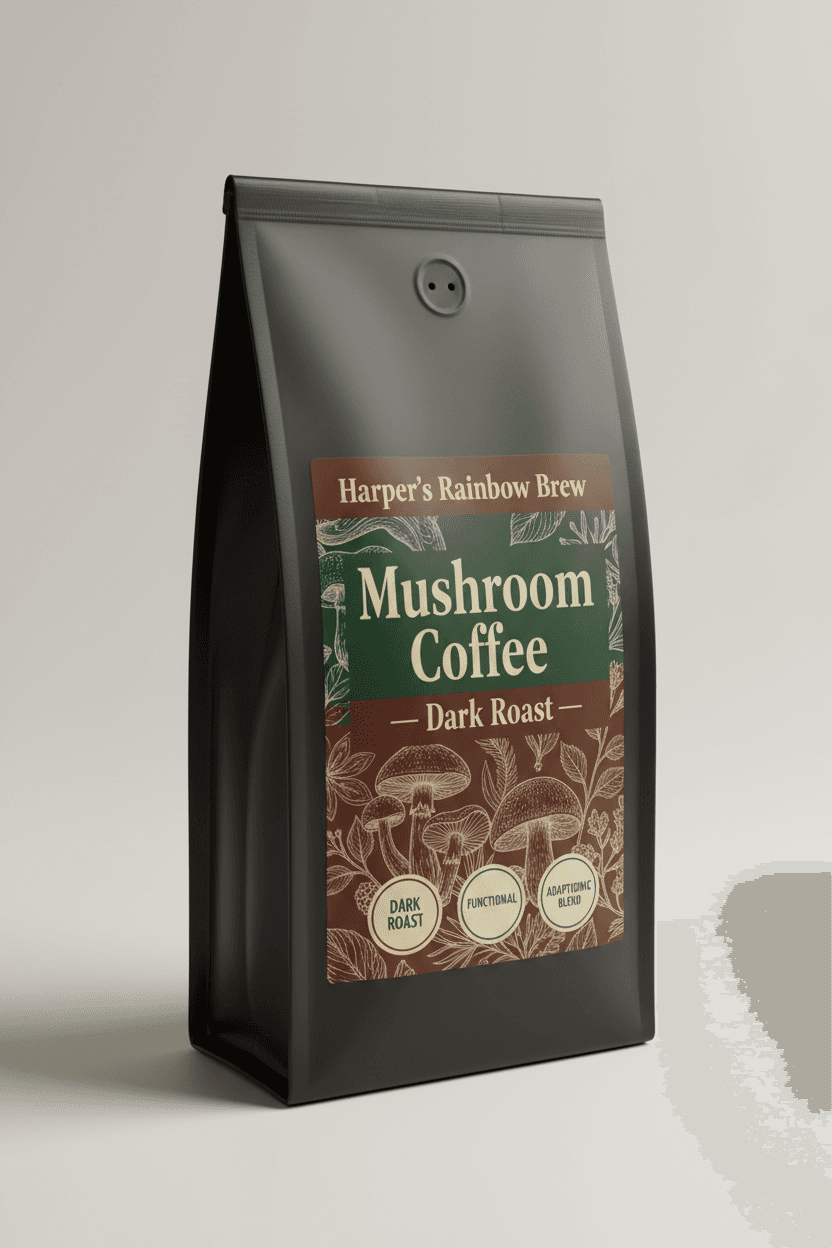 Harper's Mushroom Coffee bag – dark roast with adaptogenic mushroom blend, functional coffee by Harper's Rainbow Brew