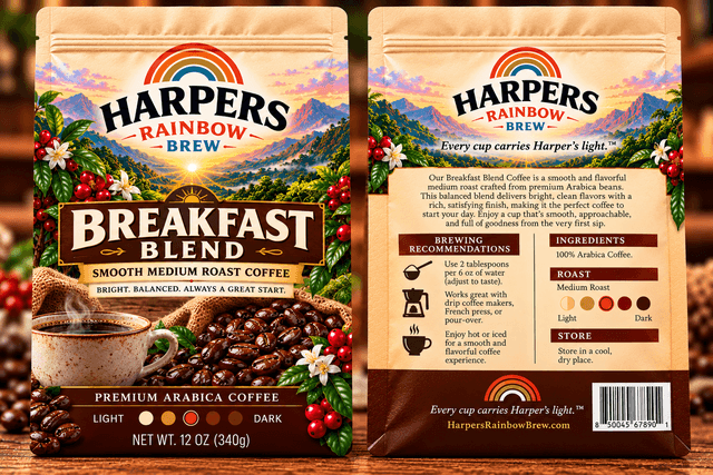Harper's Rainbow Brew Breakfast Blend coffee packaging, front and back bags