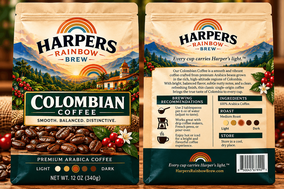 Front and back of Harper's Rainbow Brew Colombian Coffee bags