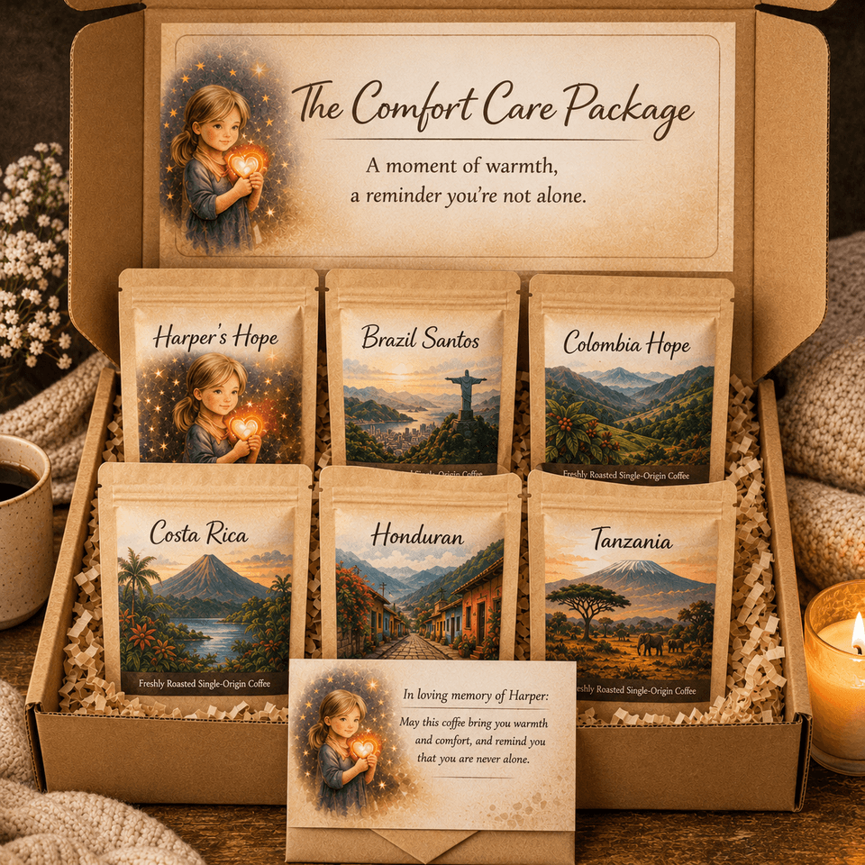 Harper's Comfort Care Package – 6 variety 2oz coffee sampler, sympathy gift set by Harper's Rainbow Brew