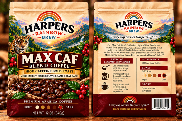 Front and back of Harper's Max Caf Blend Coffee bags with rainbow landscape artwork and brewing instructions