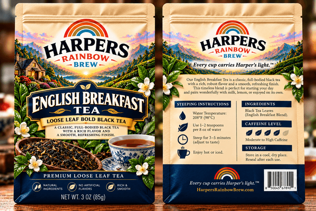 Harper's Rainbow Brew English Breakfast loose leaf black tea packaging, front and back pouches