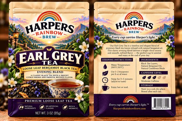 Harper's Rainbow Brew Earl Grey loose leaf bergamot black tea pouches, front and back