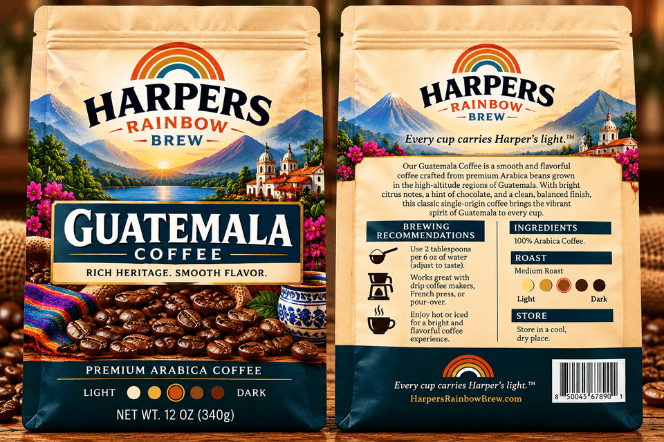 Front and back of Harper's Rainbow Brew Guatemala Coffee packaging