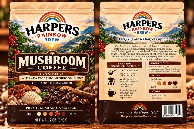 Front and back of Harper's Mushroom Coffee bags with rainbow landscape artwork and brewing instructions