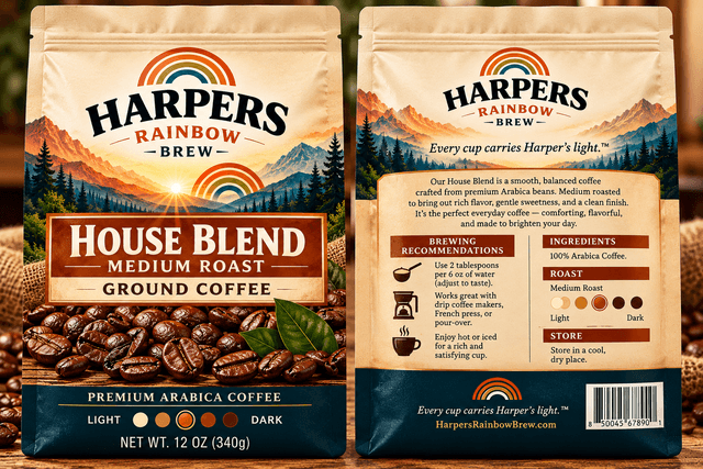 Front and back of Harper's House Blend Medium Roast Coffee bags with rainbow mountain artwork and brewing instructions