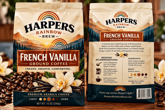 Front and back of Harper's Rainbow Brew French Vanilla coffee bags
