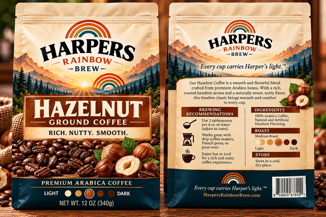 Front and back of Harper's Rainbow Brew Hazelnut coffee bags