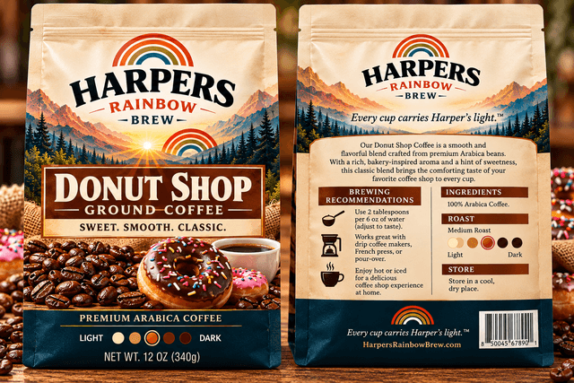 Front and back of Harper's Rainbow Brew Donut Shop coffee bags