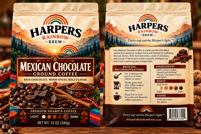 Front and back of Harper's Rainbow Brew Mexican Chocolate coffee bags