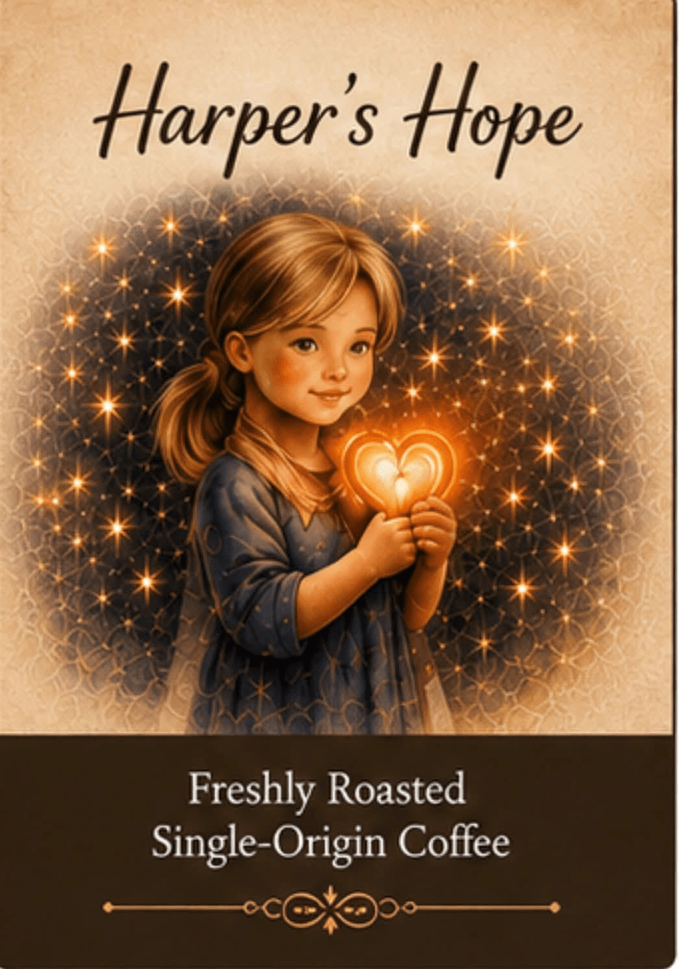 Harper’s Hope illustration of a young girl holding a glowing heart among stars, with a message celebrating freshly roasted single-origin coffee.