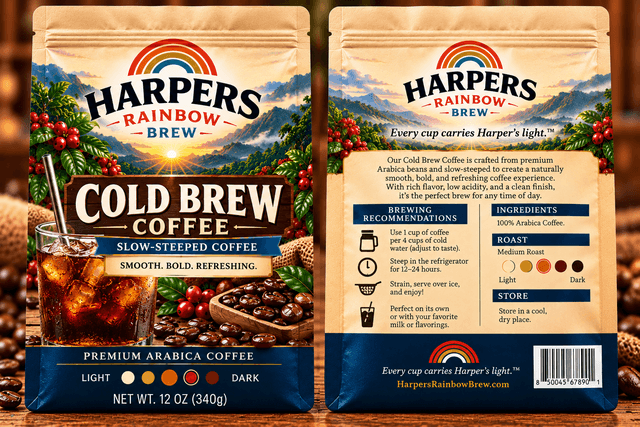 Front and back of Harper's Cold Brew Coffee bags with rainbow landscape artwork and brewing instructions