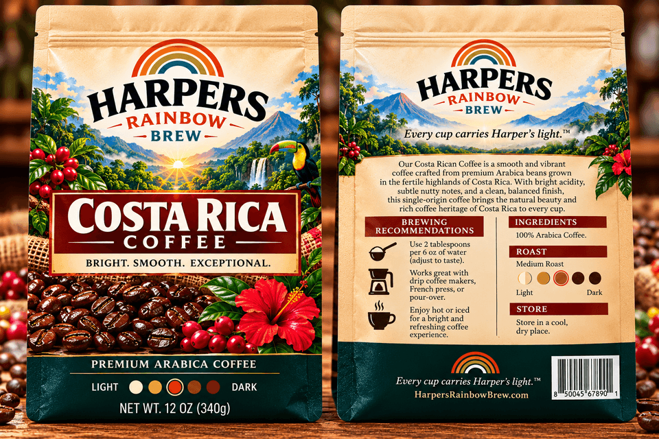 Front and back of Harper's Rainbow Brew Costa Rica Coffee packaging