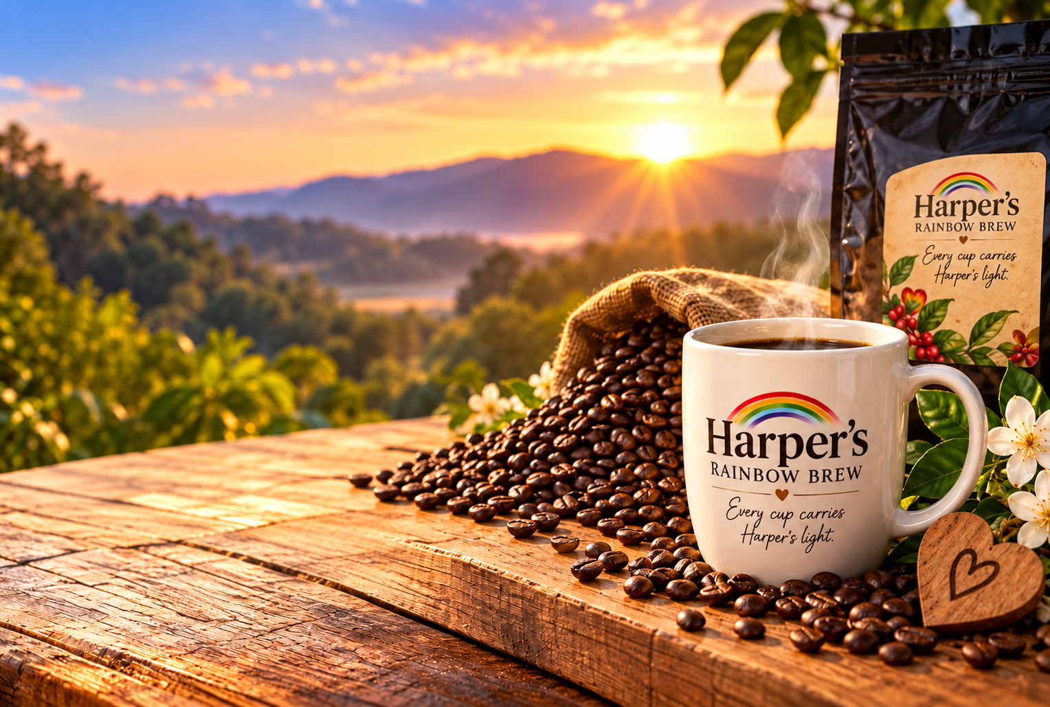 Harper's Rainbow Brew coffee mug and whole coffee bean bag beside coffee beans at sunrise.