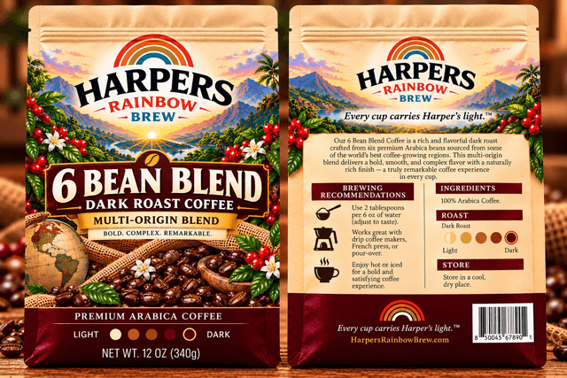 Front and back of Harper's 6 Bean Blend Dark Roast Coffee bags with rainbow landscape artwork and brewing instructions