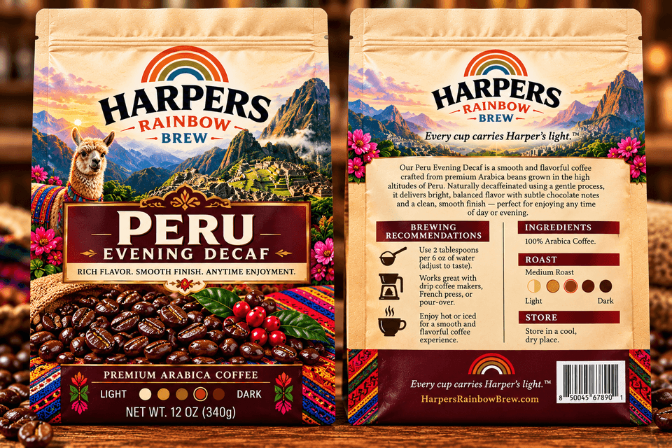 Front and back of Harper's Rainbow Brew Peru Evening Decaf Coffee packaging