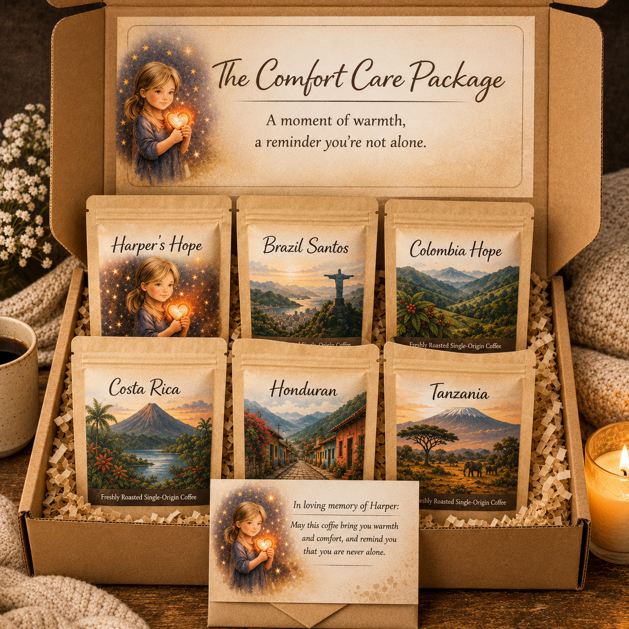 Harper's Comfort Care Package – 6 variety 2oz coffee sampler, sympathy gift set by Harper's Rainbow Brew