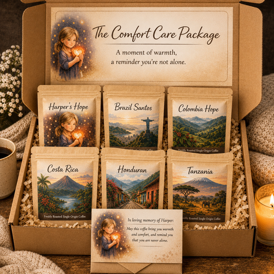Harper's Comfort Care Package – 6 variety 2oz coffee sampler, sympathy gift set by Harper's Rainbow Brew