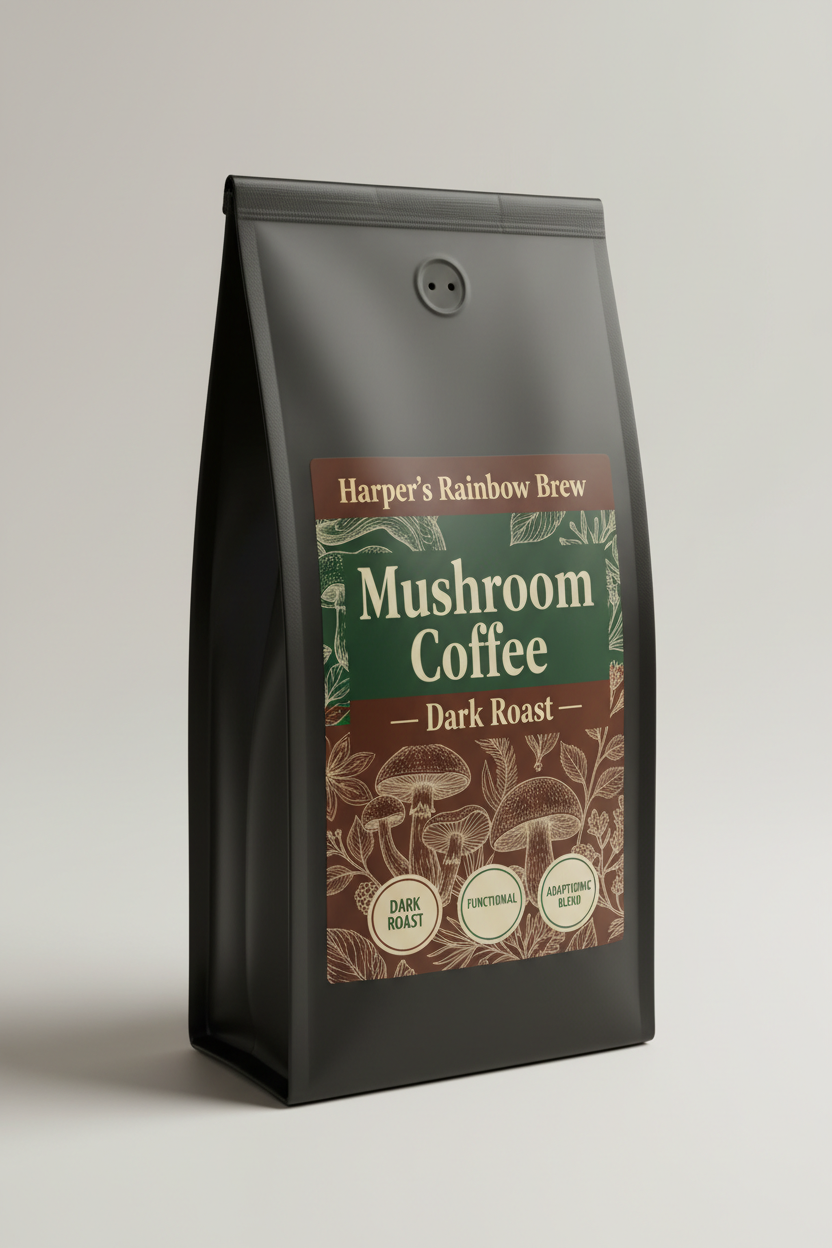 Harper's Mushroom Coffee bag – dark roast with adaptogenic mushroom blend, functional coffee by Harper's Rainbow Brew